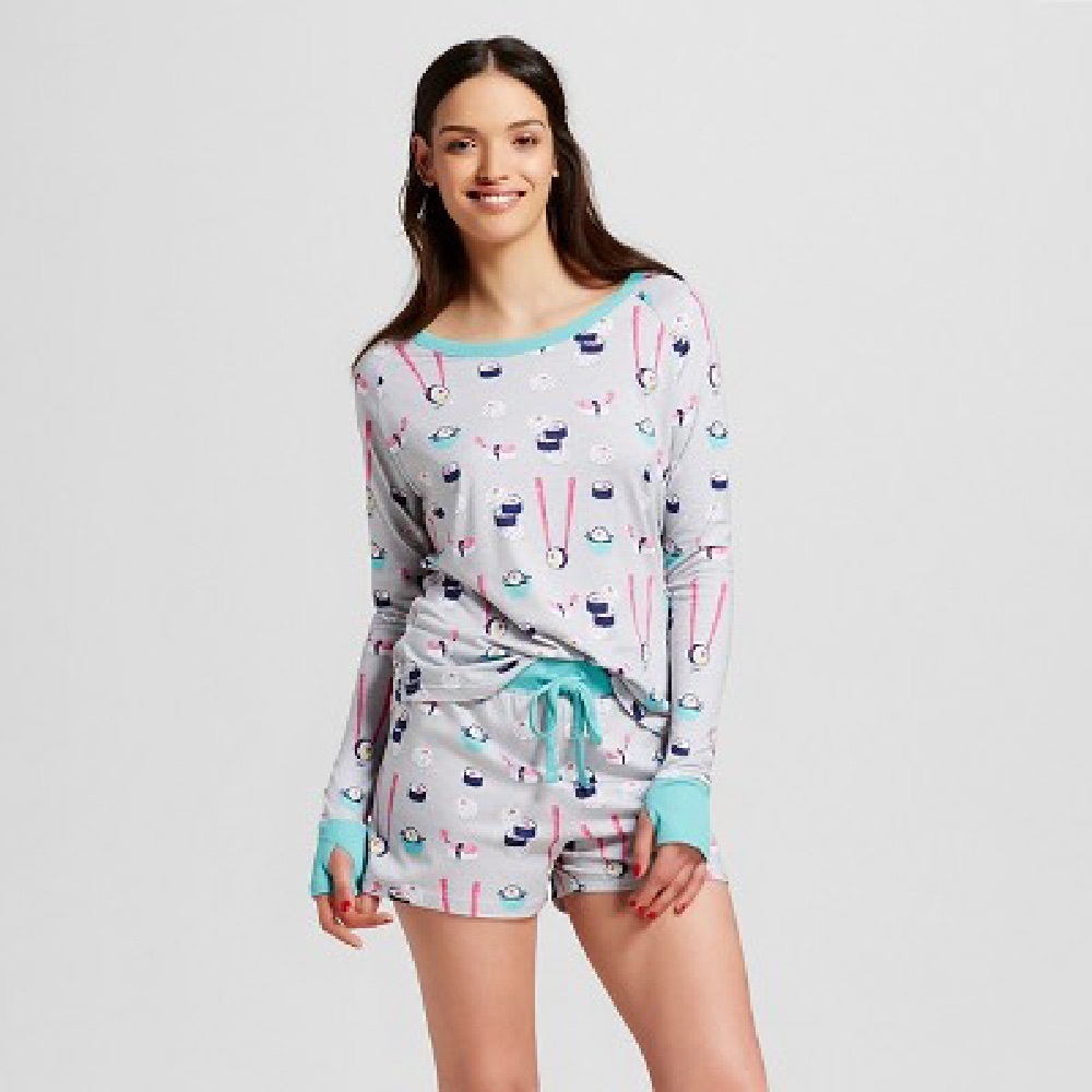 munki munki Women’s Sushi Print Novelty L/S Top and Shorts Pajama Set Size Large